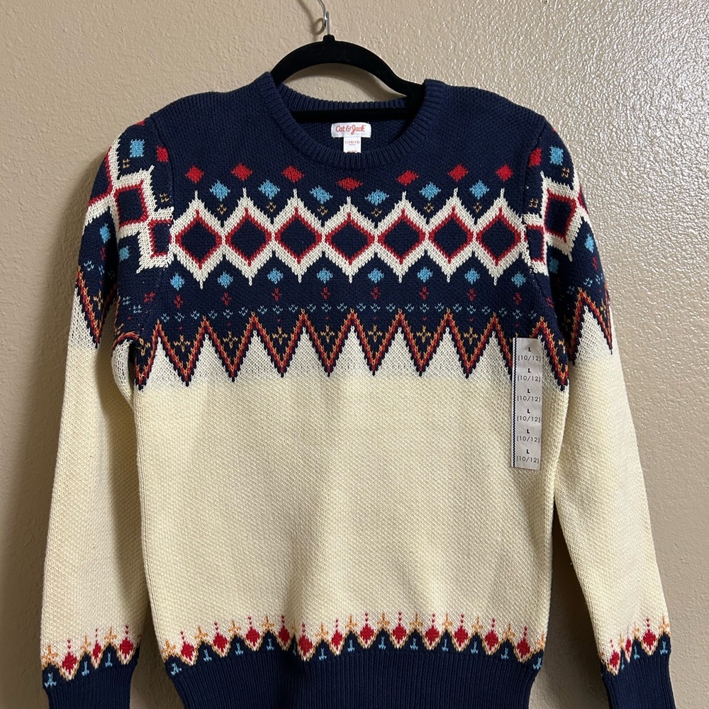 Cat & jack kids Navy Cream Red Blue Nugget Geometric Sweater size L (10-12)